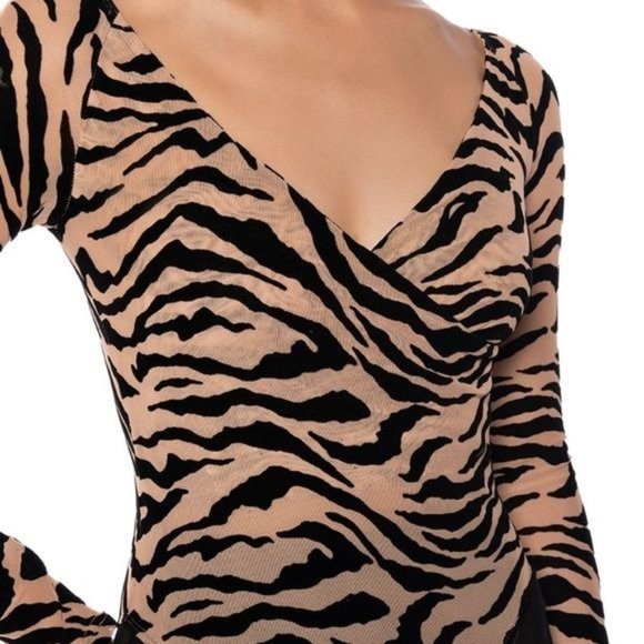 Xena in the Nude: Flocked & Sexy Long Sleeve Tiger Stripe Bodysuit - Picture 2 of 5